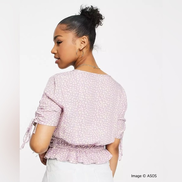 Lilac V-Neck Tea Blouse Ruched Waist Peplum Hem Size 2 - Picture 5 of 6